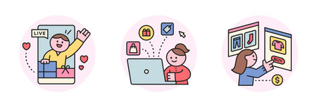 Online internet live commerce. People shopping on mobile and computer. Welcome and computer and web shopping page.のイラスト素材