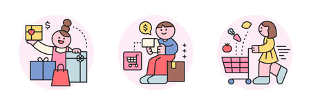 Online internet live commerce. People shopping on mobile and computer. Gift box, shopping cart and receiptのイラスト素材