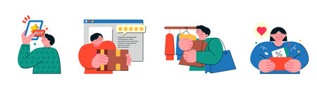 Online internet live commerce. People shopping on mobile and computer. Smartphones, reviews, shopping bags and discount coupons.のイラスト素材