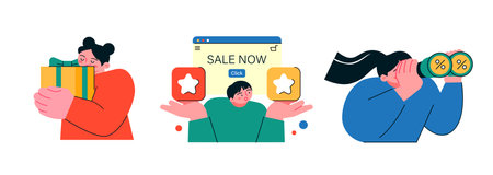 people are shopping. Online e-commerce. Gift and sale events and search.のイラスト素材