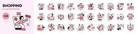 people are shopping. Online e-commerce. Cute character illustration in simple outline style. mega set.のイラスト素材