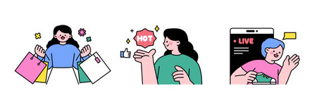 people are shopping. Online e-commerce. Shopping bags, reviews and live commerce.のイラスト素材