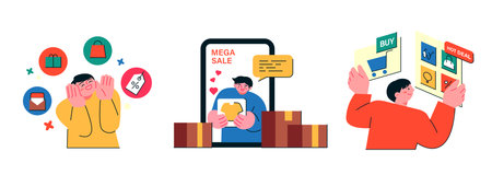 people are shopping. Online e-commerce. Shopping icon and live commerce and web page search.のイラスト素材