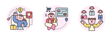 people are shopping. Online e-commerce. Internet shopping and shipping address and drone delivery.のイラスト素材