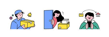 people are shopping. Online e-commerce. A courier who makes deliveries. A delivery box arrived at the door. A man entering a shipping address into his mobile phone.のイラスト素材