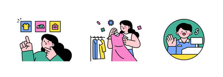 people are shopping. Online e-commerce. A girl choosing an item with her fingers. Girl choosing clothes in a clothing store. Cashier.のイラスト素材