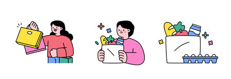 people are shopping. Online e-commerce. A person carrying a bunch of shopping bags. A person who bought a lot of food at the mart.のイラスト素材