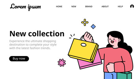Shopping mall webpage concept template selling new products. A girl is carrying a lot of shopping bags.のイラスト素材