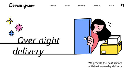 shopping. A webpage template for an overnight courier event. A woman opens the door and sees that a package has arrived.のイラスト素材
