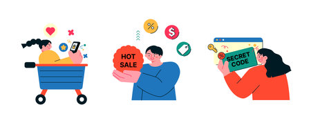 people are shopping. Online e-commerce. People riding in shopping carts, holding sale banners in their hands and entering event codes into the web.のイラスト素材