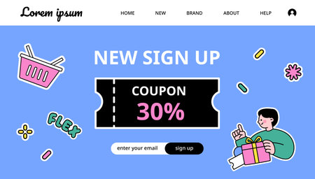 Coupon event banner webpage concept template. There is a coupon design and a boy holding a gift box.のイラスト素材
