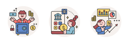 Finance and people, accounts for household economic growth, investment plan management. Vault, mobile banking, financial data. Vector illustration.のイラスト素材