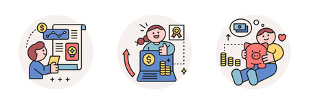 Finance and people, accounts for household economic growth, investment plan management. Financial data, bankbook and piggy bank. Vector illustration.のイラスト素材