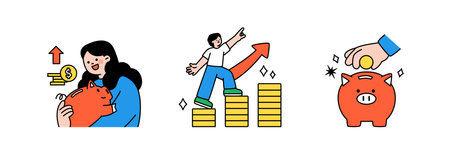 Finance and people, accounts for household economic growth, investment plan management. piggy bank and stairs. Vector illustration.のイラスト素材