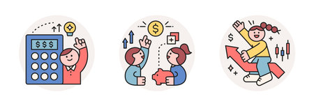 Finance and people, accounts for household economic growth, investment plan management. Calculator, couple planning, arrows. Vector illustration.のイラスト素材