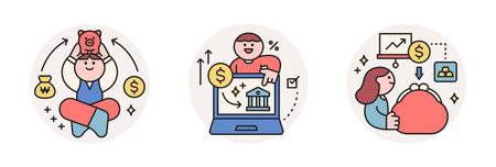Finance and people, accounts for household economic growth, investment plan management. Piggy bank, wallet, online banking. Vector illustration.のイラスト素材