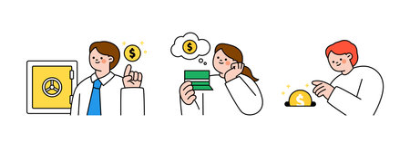 Finance and people, accounts for household economic growth, investment plan management. Safe deposit box, bankbook, put money. Vector illustration.のイラスト素材