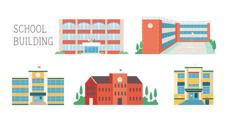 School of various designs. Brick buildings, yellow walls, classic roofs, modern rooftop style buildings. vector illustrationのイラスト素材