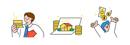 Finance and people, accounts for household economic growth, investment plan management. Passbook, real estate, assets, hurray. Vector illustration.のイラスト素材