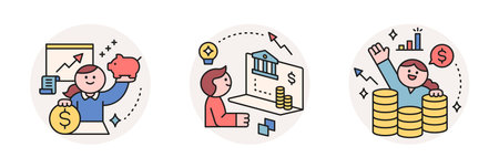 Finance and people, accounts for household economic growth, investment plan management. Piggy bank, graph, data, stacked. Vector illustration.のイラスト素材