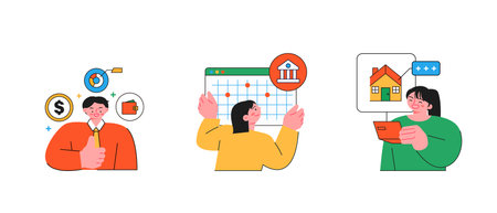 Finance and people, accounts for household economic growth, investment plan management. Planning, real estate, icon. Vector illustration.のイラスト素材