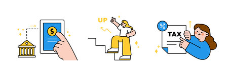 Finance and people, accounts for household economic growth, investment plan management. Mobile, touch, stairs, tax.Vector illustration.のイラスト素材