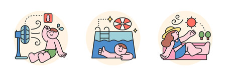 People enjoying summer. A boy sweating and blowing on a fan, a boy swimming in a pool, a girl sitting in the sun.のイラスト素材