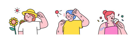 People enjoying summer. People wearing straw hats, sweating and eating ice cream.のイラスト素材