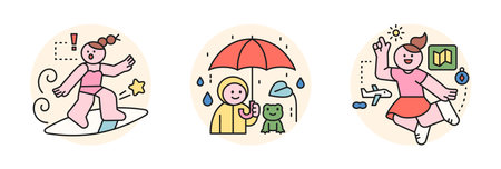 People enjoying summer. A girl surfing, a boy and a frog with an umbrella in the rainy season, and a girl jumping excitedly on an overseas trip.のイラスト素材