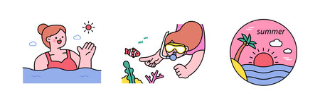 People enjoying summer. People swimming and snorkeling in the sea. Sunrise Beach logo.のイラスト素材