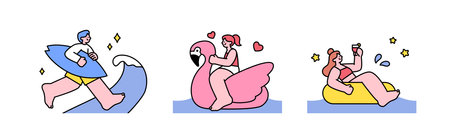 People enjoying summer. People surfing in the sea, riding flamingo tubes and drinking cocktails.のイラスト素材