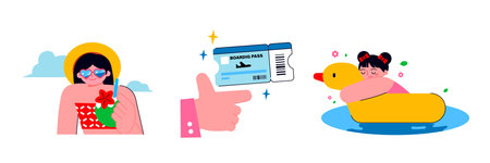 People enjoying summer. Girl drinking coconut drink, boarding pass for plane, girl riding duck tube.のイラスト素材