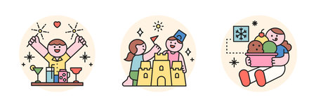 People enjoying summer. outline style character design. A bartender making cocktails, kids building sandcastles, and a girl with ice cream.のイラスト素材