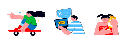 People enjoying summer. A girl riding a skateboard, a boy booking a plane ticket for an overseas trip, and a girl applying sunscreen.のイラスト素材