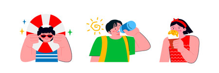 People enjoying summer. A boy with a tube, a boy drinking water, and a girl eating ice cream.のイラスト素材
