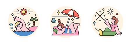 People enjoying summer. outline style character design. Swimming in the sea, reading a book on the beach, and fireworks on a summer night.のイラスト素材