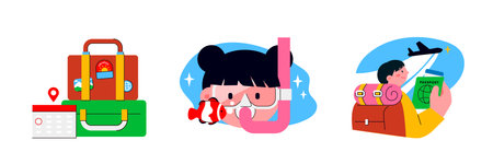 People enjoying summer. A pile of suitcases, a girl snorkeling, and a traveler about to board a plane.のイラスト素材