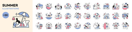 People enjoying summer. outline character design. Summer vacation sea beach. Hot weather cool food. relaxing holiday. mega set.のイラスト素材