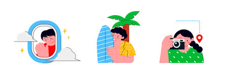 People enjoying summer. A boy in an airplane window, a guy with a surfboard and a Hawaiian shirt, and a girl taking pictures.のイラスト素材