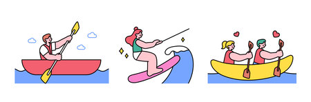People enjoying summer. People are doing water sport activity. Canoes, boats and wakeboards.のイラスト素材