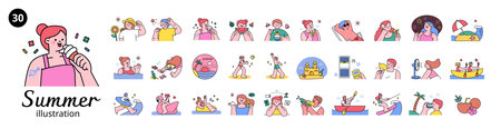 People enjoying summer. Collection of summer items. Things that come to mind when you think of vacations, food, sports, and summer.のイラスト素材