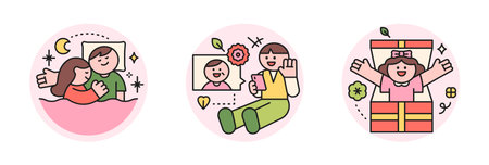 family month. People who appreciate their parents and love their children. Couple sleeping with arm pillows. A cute character making a video call on Parents' Day and giving a surprise gift.のイラスト素材
