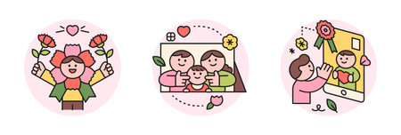 family month. People who appreciate their parents and love their children. A character dressed up with carnations. A photo of a family of three, father, mother and child. video call.のイラスト素材