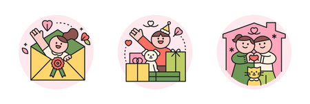 family month. People who appreciate their parents and love their children. The girl in the envelope. Gift box and happy boy and dog. Happy couple and cat.のイラスト素材