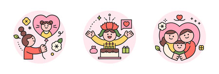family month. People who appreciate their parents and love their children. Heart balloons, event cakes and flowers, a family of three, mother, father and baby.のイラスト素材