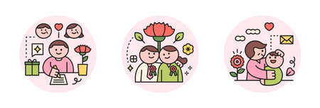 family month. People who appreciate their parents and love their children. Cute characters are writing letters to their parents and presenting carnations. Her mother is lovingly hugging her child.のイラスト素材