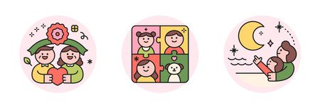 family month. People who appreciate their parents and love their children. Carnation and parents icons, family members, father and child looking at the moon.のイラスト素材