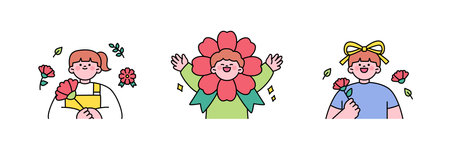 family month. People who appreciate their parents and love their children. Girl and boy with carnations. A boy with a carnation mask.のイラスト素材