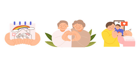 family month. People who appreciate their parents and love their children. A picture of a happy house, grandparents making a hand heart, and a family making a video call.のイラスト素材