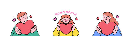 family month. People who appreciate their parents and love their children. People hold hearts in their hands.のイラスト素材